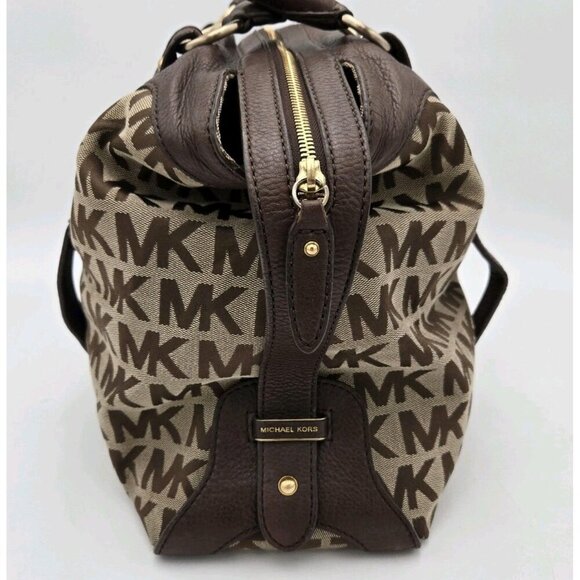 Michael Kors Logo Monogram Brown Tan Leather Gold Shoulder Bag 17 X 11 X 7 EUC - Picture 6 of 9